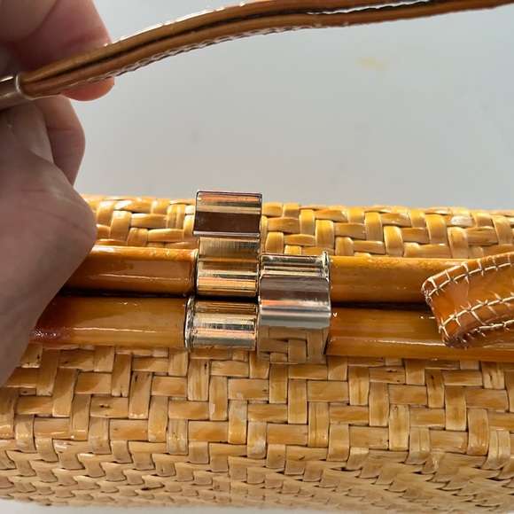 Vintage Woven Rattan Italian Hand bag Boho Chic Bamboo and Leather Handles - Picture 11 of 16